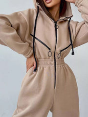Women's beige hooded jumpsuit, close-up of drawstring hood and zipper