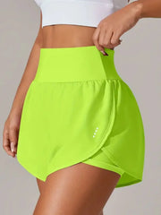 Neon lime shorts with overlapping wrap panel, side view