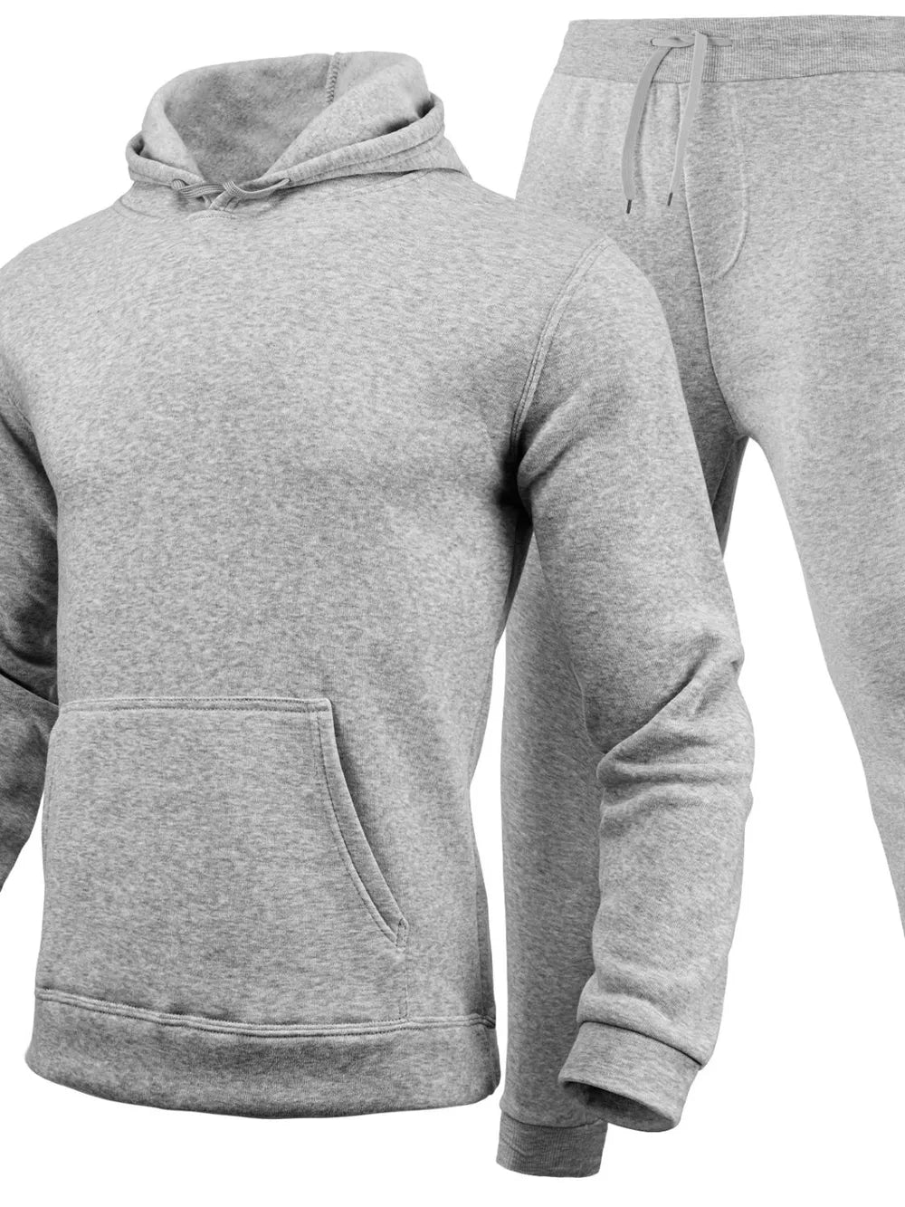Light gray hoodie and drawstring pants set shown together on a white background.