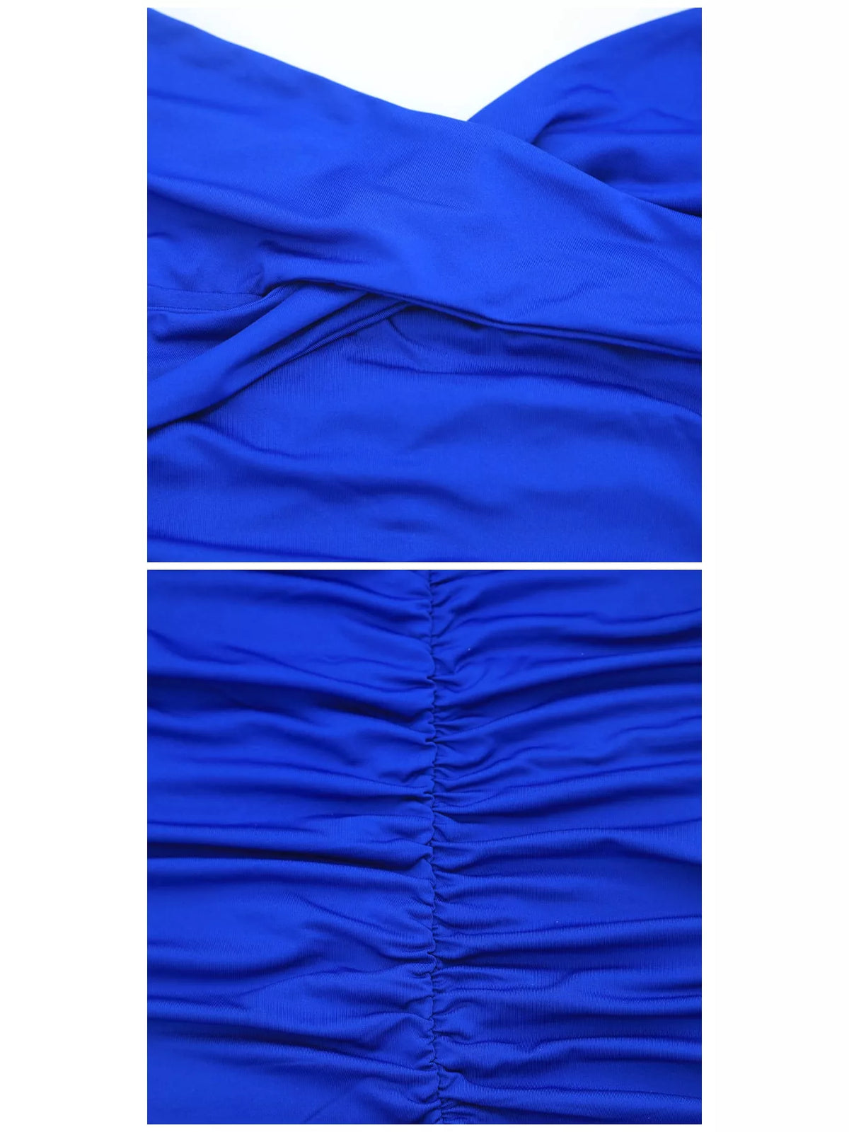 Detail collage of the royal-blue dress fabric and gathered center seam.