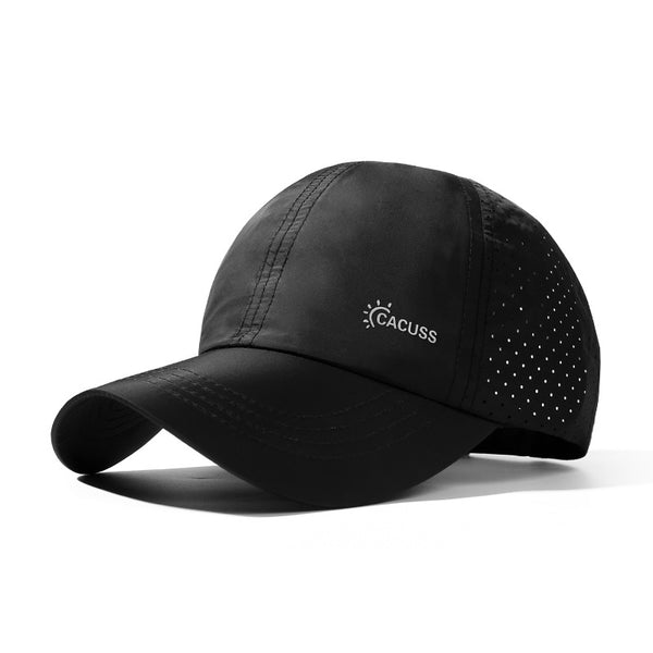 Black breathable baseball cap with perforated side panels