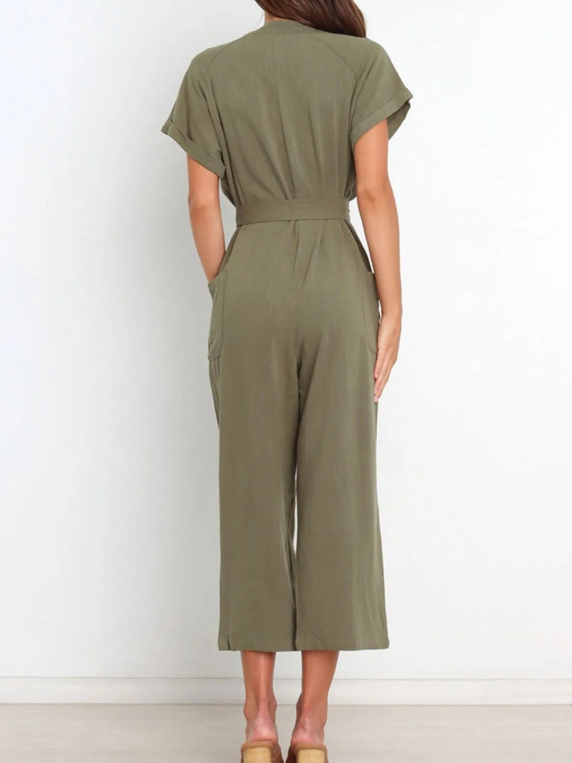 Women's notched short-sleeve tie-waist jumpsuit, olive back view