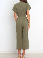 Women's notched short-sleeve tie-waist jumpsuit, olive back view