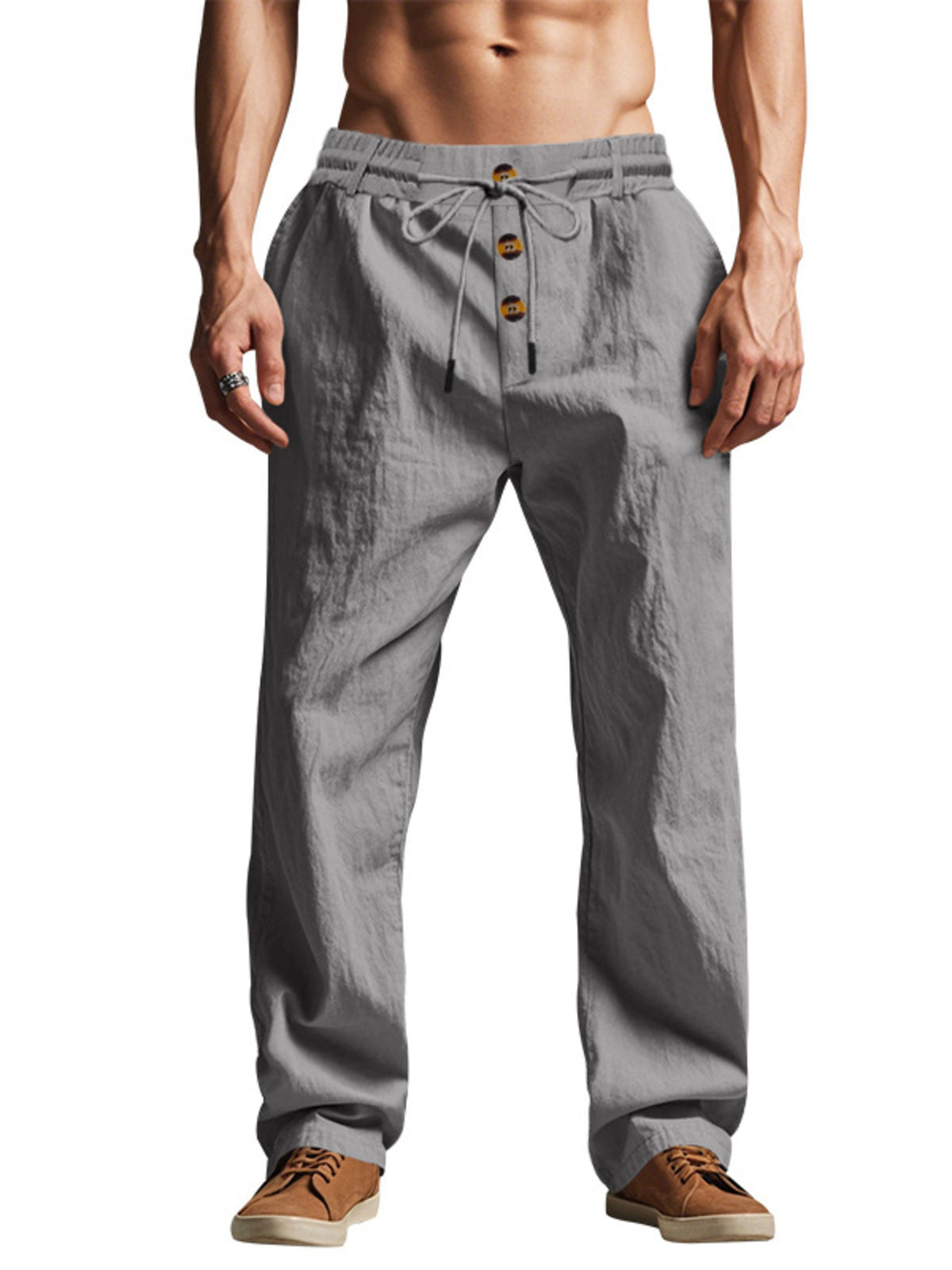 Gray drawstring pants with three-button front, shown on a model