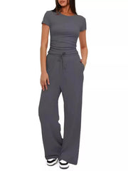 Front view of the charcoal-gray tank and wide-leg pants set.