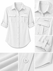 White button-down shirt laid flat, front view