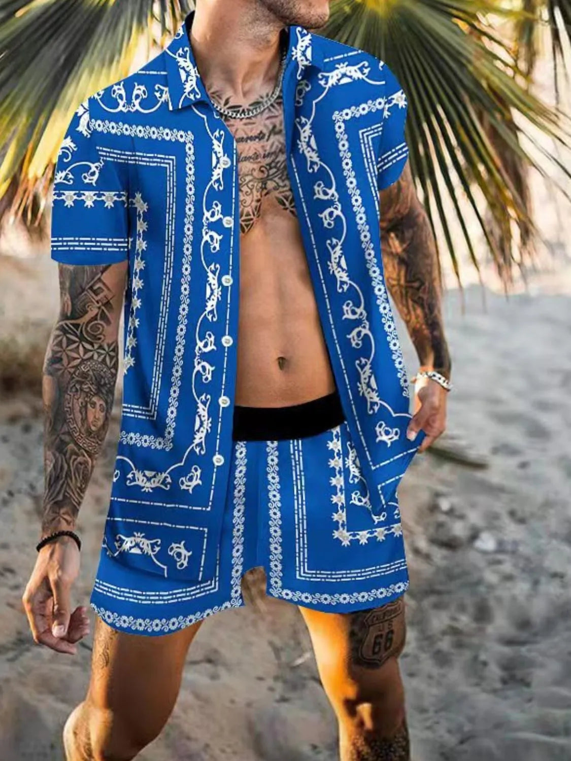 Model wearing blue-and-white patterned shirt and shorts