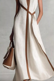 Full-length view of white contrast-piping midi dress