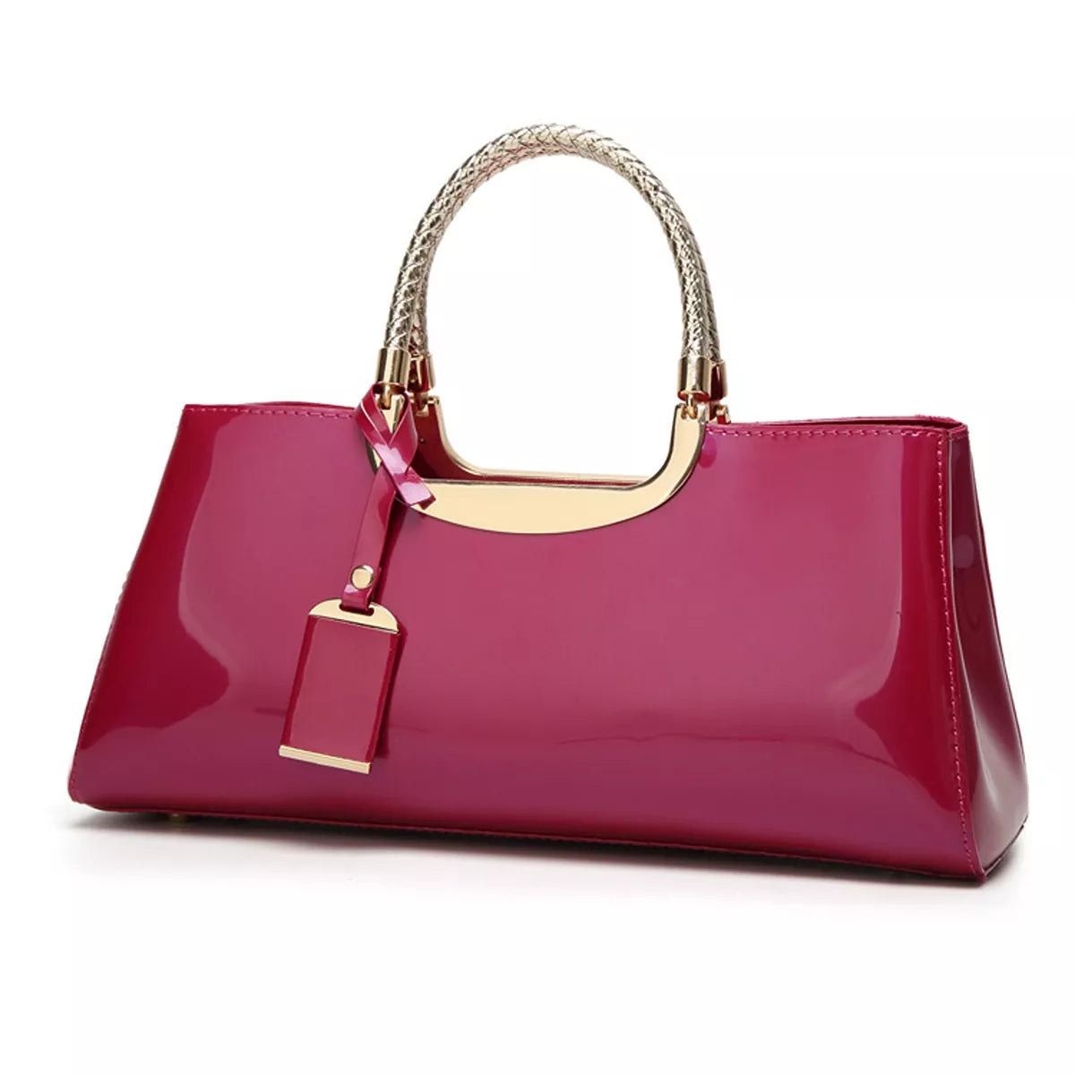 Magenta patent-look handbag with braided top handles and hanging tag