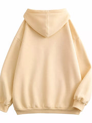 Back view of the cream hoodie with oversized hood and plain body