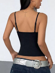 Back view of black slim-fit cami with adjustable shoulder straps