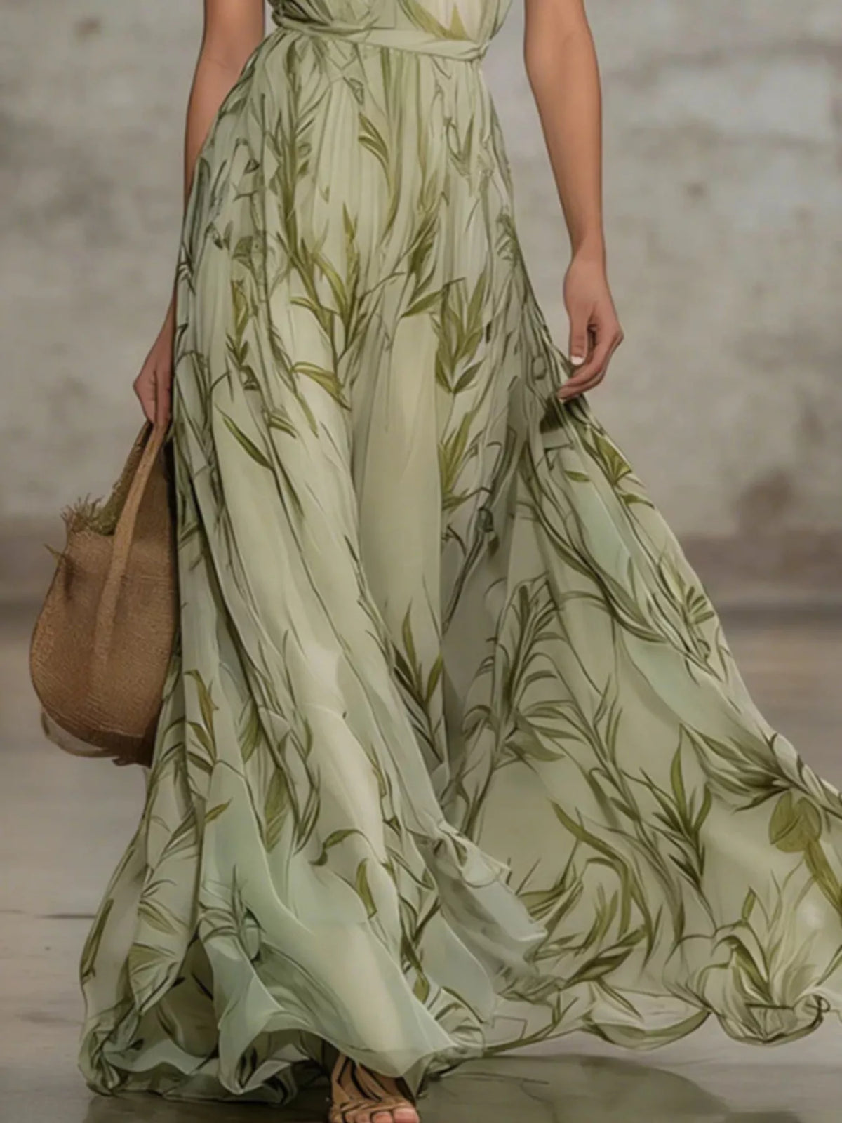 Close view of the flowing leaf-print skirt and fabric of the maxi dress.