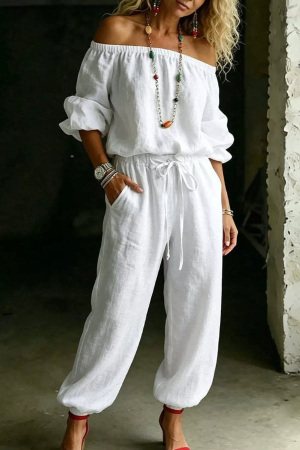Full-size off-shoulder top and pants set plus size