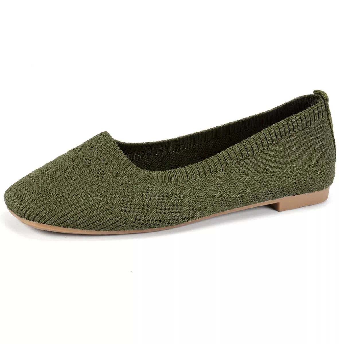 Olive green mesh slip-on flat shown in profile