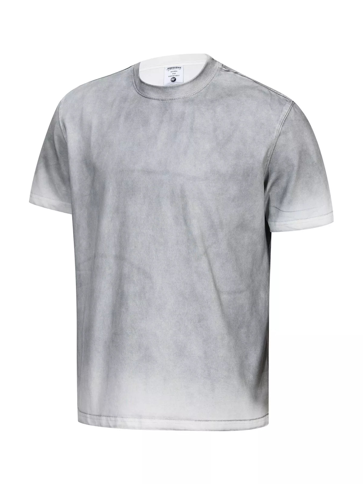 Close-up of gray washed T-shirt crew neckline and collar seam