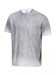 Close-up of gray washed T-shirt crew neckline and collar seam