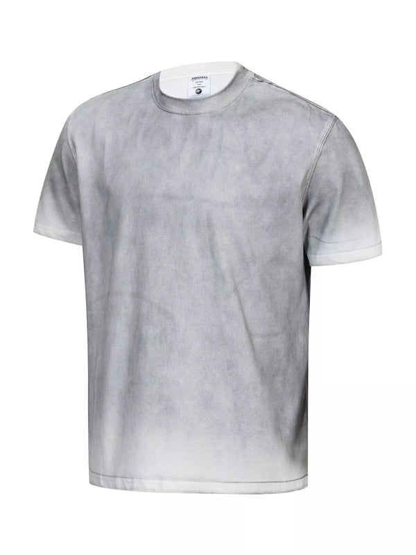 Close-up of gray washed T-shirt crew neckline and collar seam