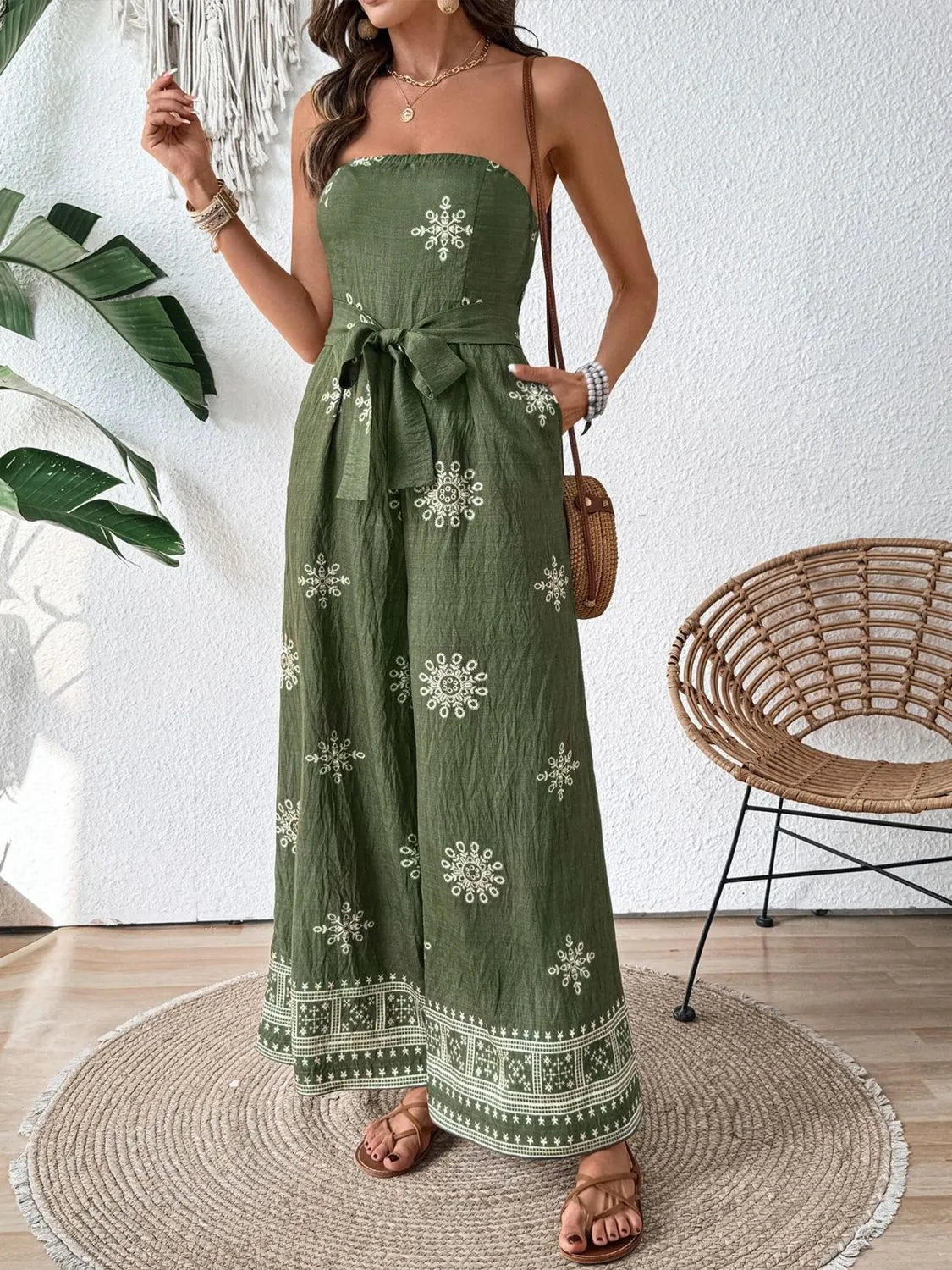 Matcha green strapless printed wide-leg jumpsuit, front view
