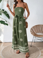 Matcha green strapless printed wide-leg jumpsuit, front view
