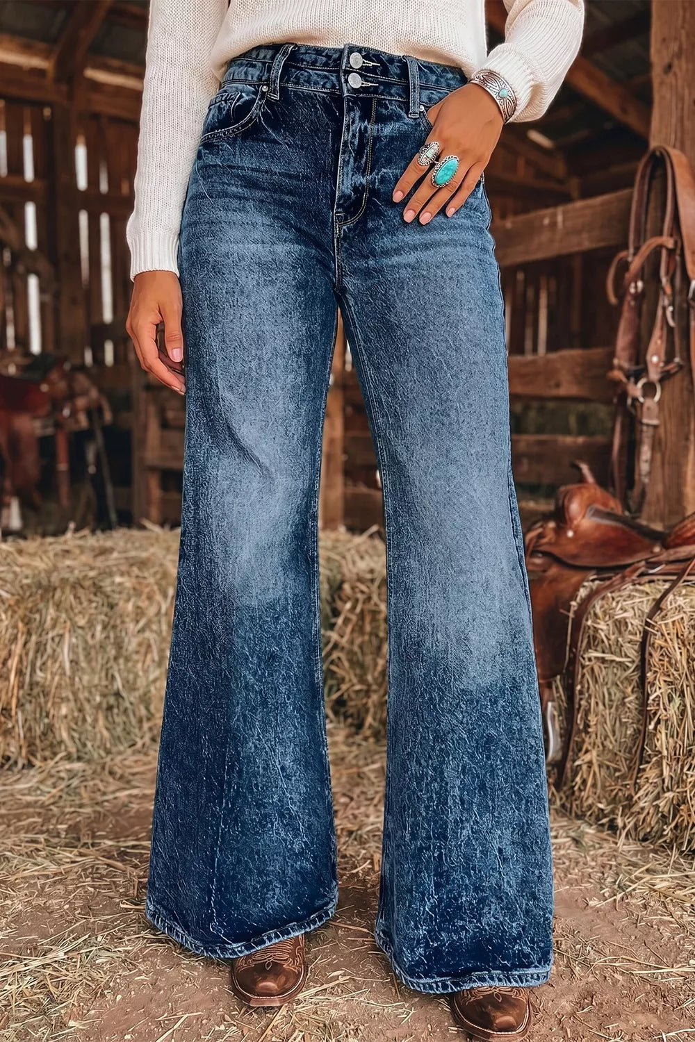 Dark-wash flare jeans with button fly and pockets