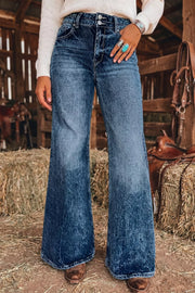 Dark-wash flare jeans with button fly and pockets
