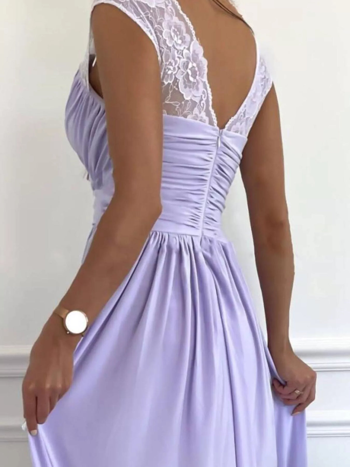 Close back view of lavender maxi dress showing lace straps and ruched bodice