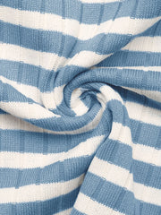 Blue striped lounge set showing square-neck crop top and matching pants