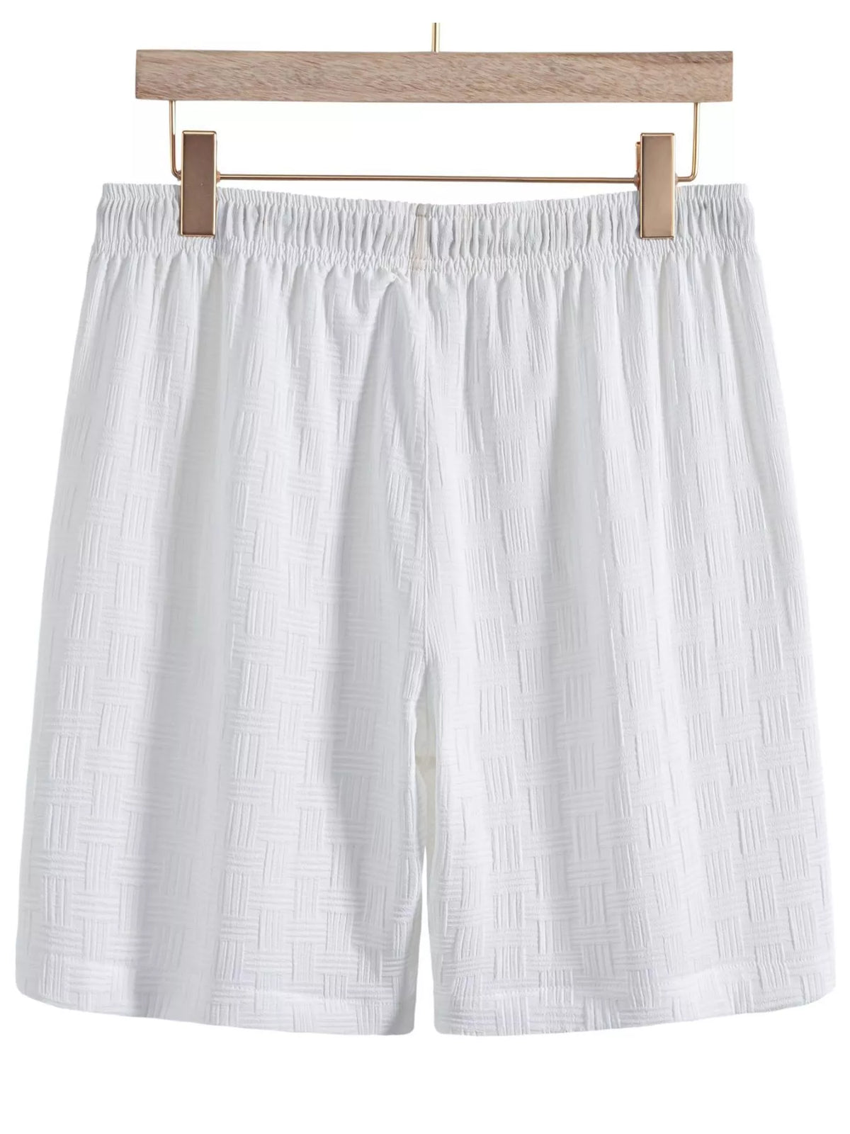 White textured shorts, back view