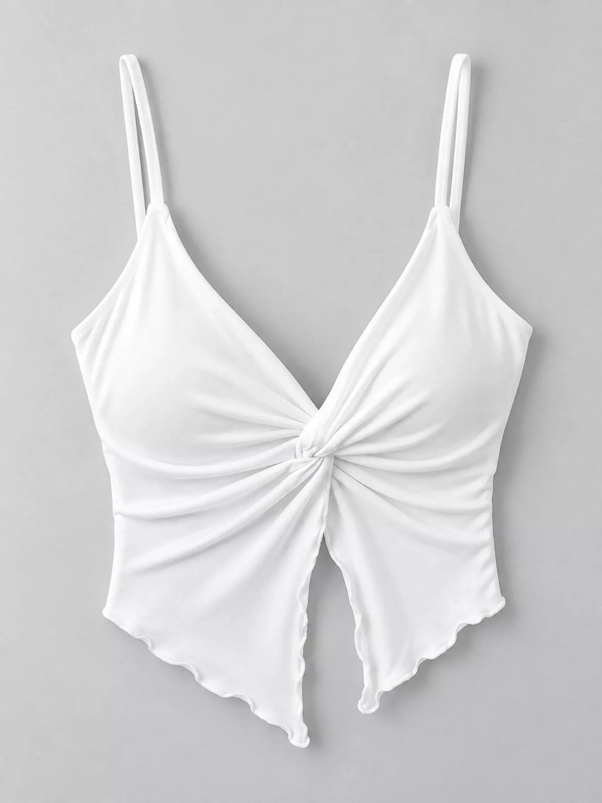 White twist-front cami top shown flat, front view