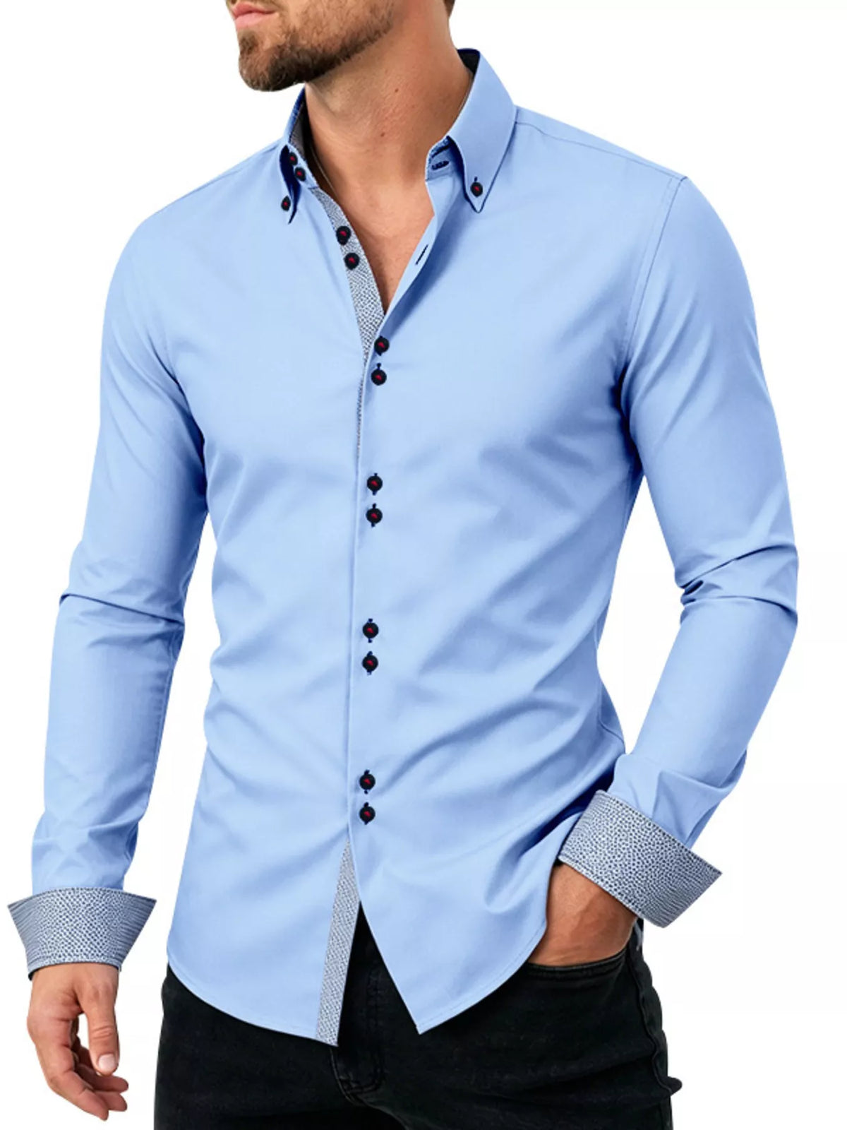 Side view of gray contrast-trim shirt