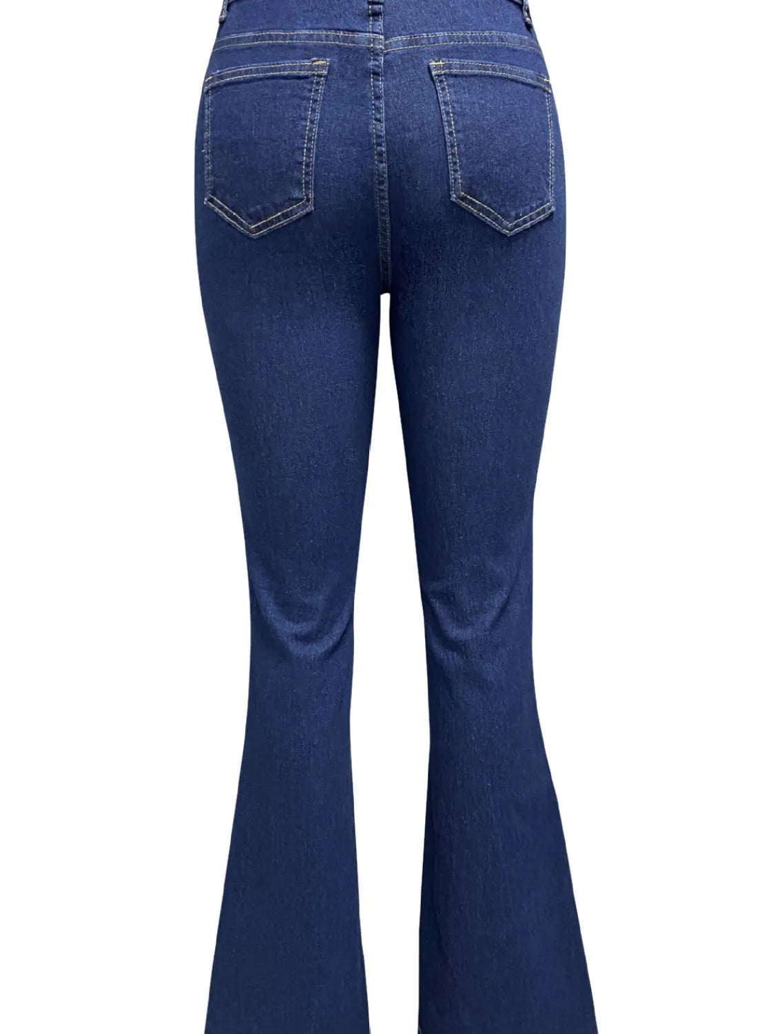 Back view of dark blue flare jeans with two rear pockets