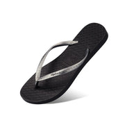 Black flat flip-flop with silver-coloured straps, angled view on white