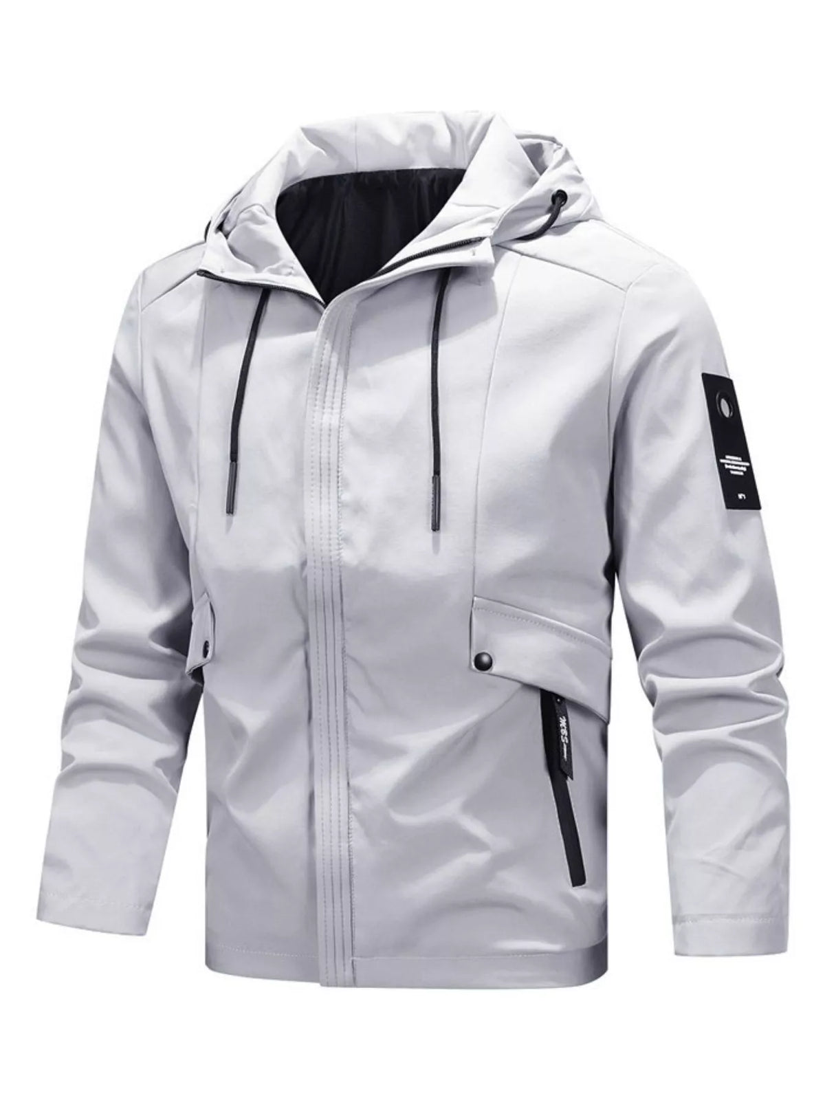 Men's hooded windproof jacket in a lighter color, shown from the front with zip closure and pockets