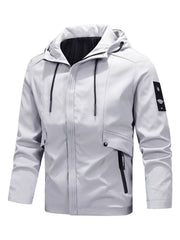 Men's hooded windproof jacket in a lighter color, shown from the front with zip closure and pockets