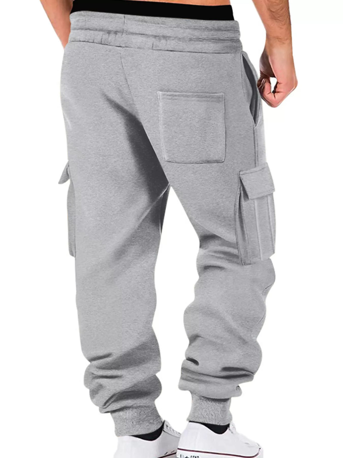 Back view of light gray cargo joggers with side pockets