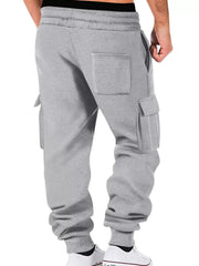 Back view of light gray cargo joggers with side pockets