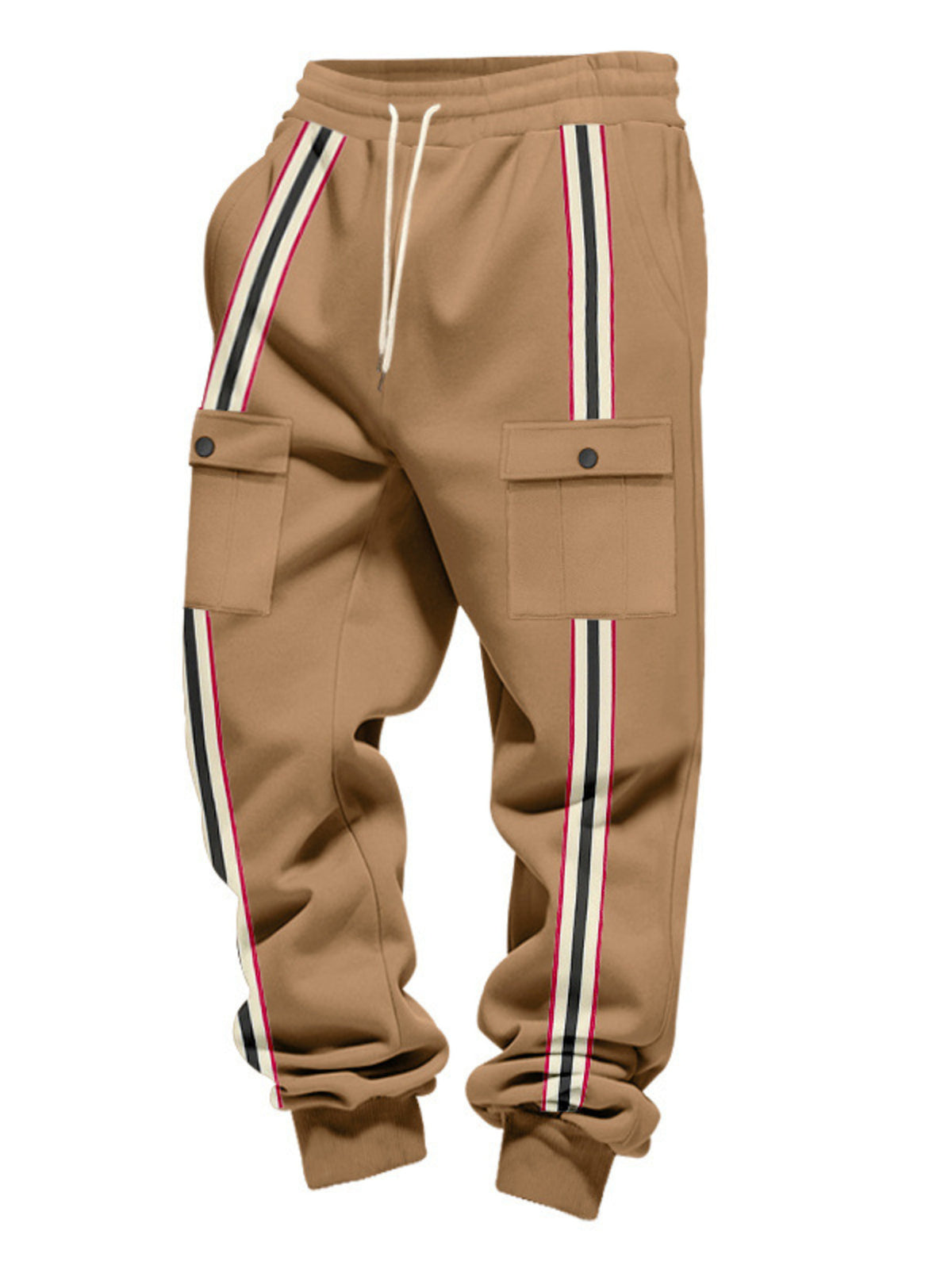 Model wearing gray striped cargo joggers