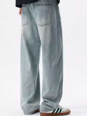 Back view of light blue loose-fit jeans