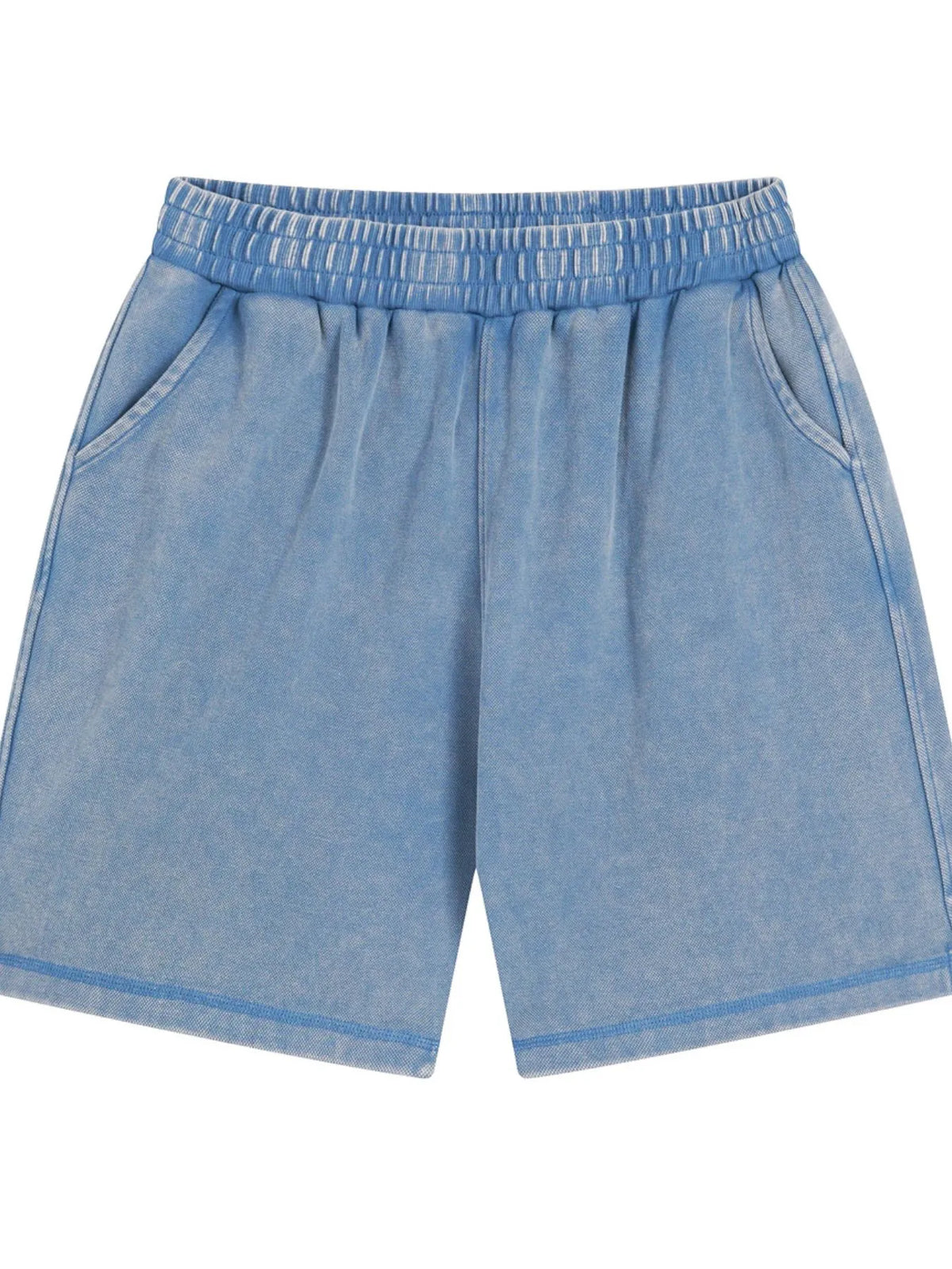 Light blue elastic-waist shorts, front view