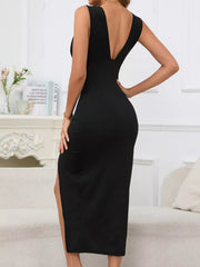 Back view of black bodycon dress with wide straps and open back