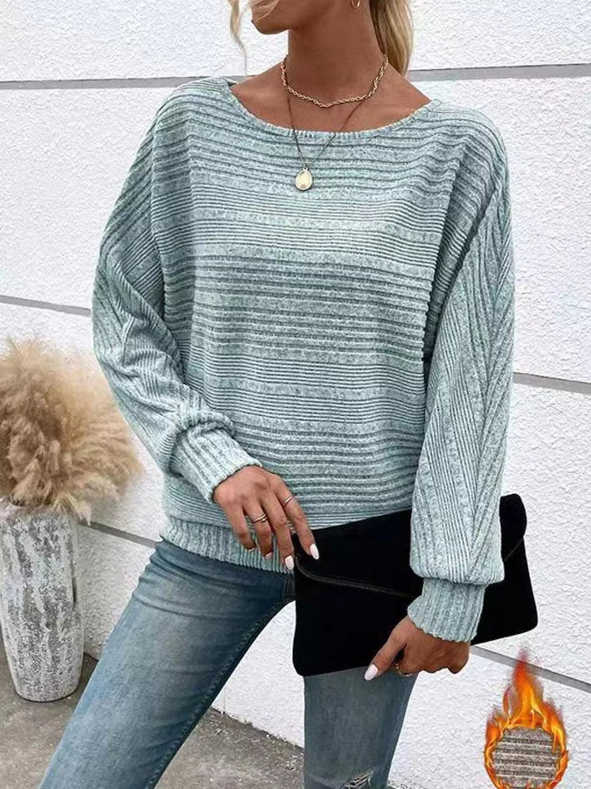 Women’s ribbed round-neck long-sleeve top in light-blue front view