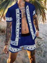 Blue short-sleeve shirt and shorts set with white geometric border print, modeled outdoors.