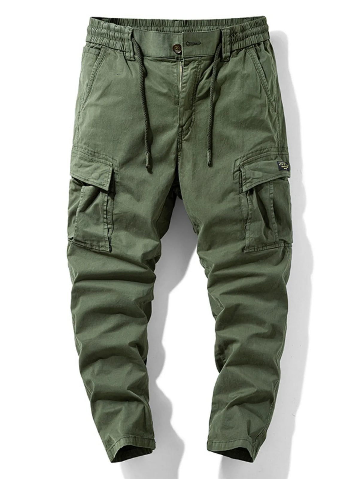 Olive green cargo pants with drawstring waist and multiple flap pockets