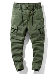 Olive green cargo pants with drawstring waist and multiple flap pockets