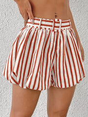 Red-and-white striped high-waisted bubble shorts