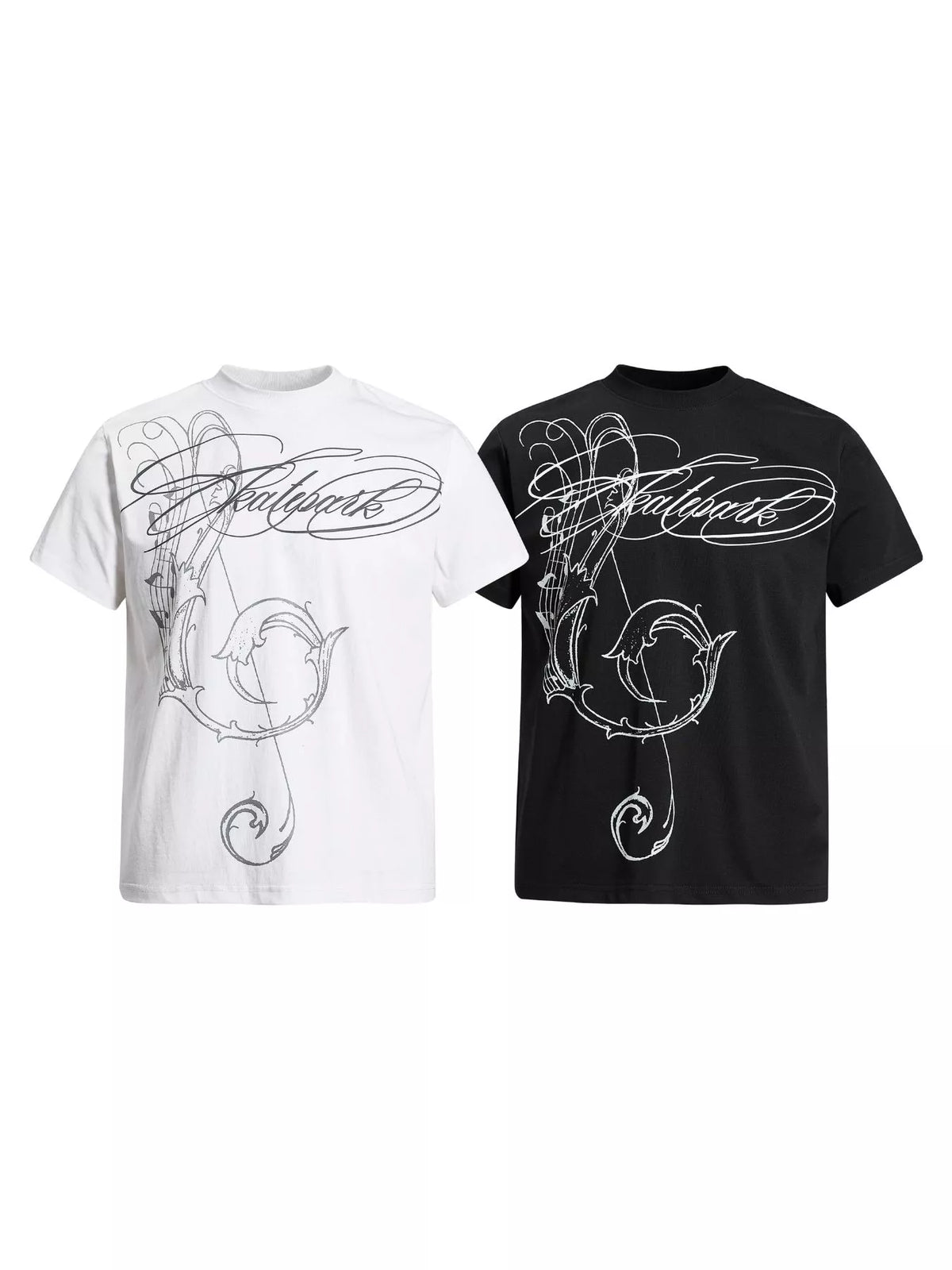 Pair of white and black skatepark graphic tees displayed together