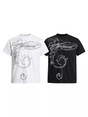 Pair of white and black skatepark graphic tees displayed together