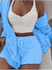 Red fuzzy lounge set with crop top, cardigan and shorts