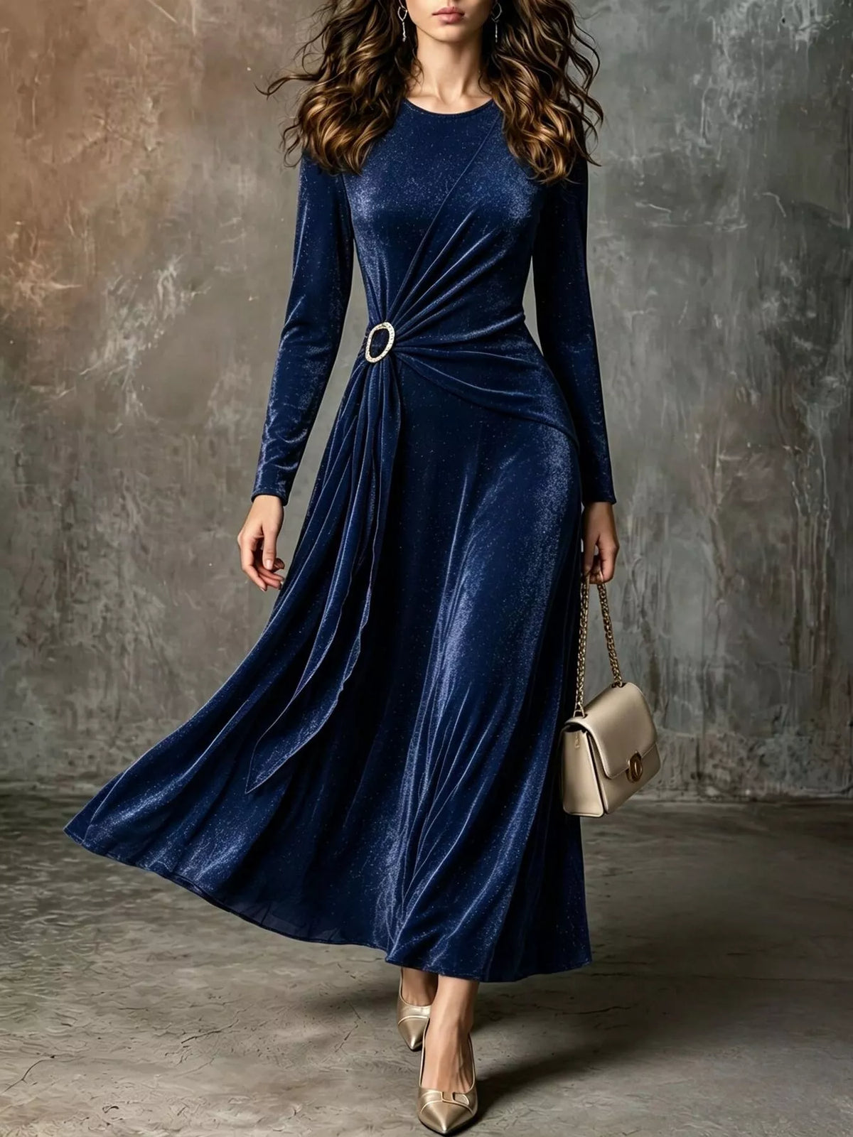 Dark-blue velvet long-sleeve maxi dress with ruched skirt and ring accent