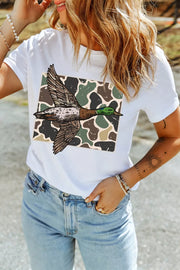 Front view of white mallard duck camouflage graphic tee worn with light blue jeans